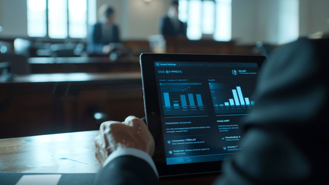 Prosecutor reviewing case dashboard with embedded AI inside the courtroom workflow