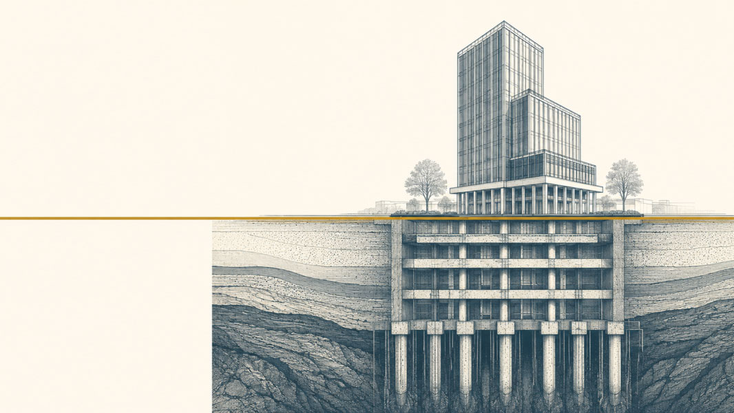 Architectural cross-section illustrating technology as a structural foundation beneath the business